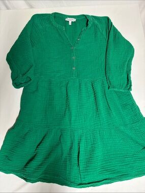 Michael Stars Size S Green Cotton Gauze Tiered Tunic Dress Long Sleeve